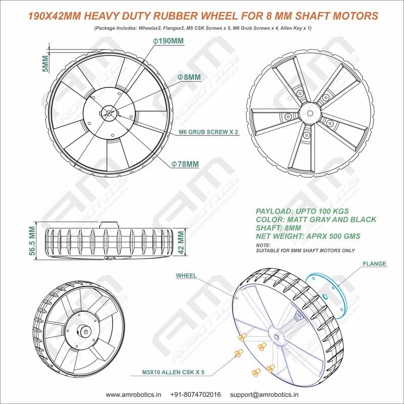 AM ROBOTICS 190x42mm Heavy Duty Solid Rubber Wheel for 8mm Shaft Motors Gray Color - 1 Pair - View 3