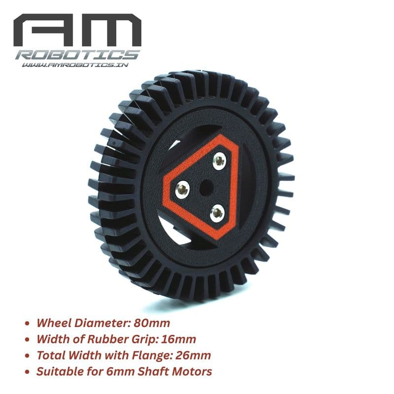 AM Robotics 80x16 mm All-Terrain Flexible Gripper Wheel for Robotic Vehicles with 6mm ID Aluminum Flange (2 Wheels) - View 1