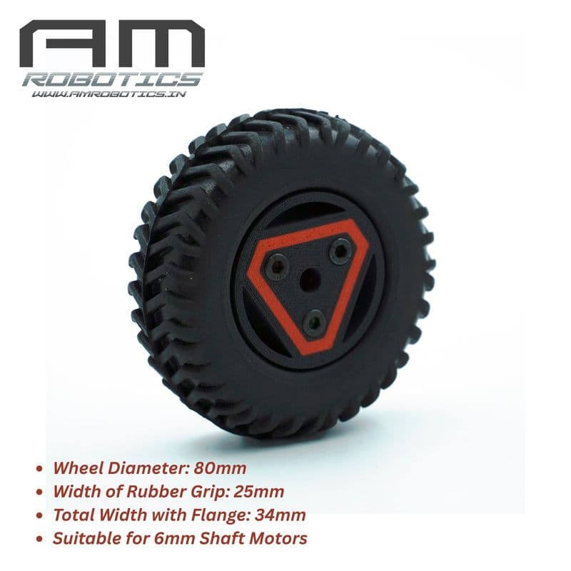 AM Robotics Off Road Robot Wheel, 80mm x 25mm, Rubber Tyre with 6mm Aluminium Flange, 2kg Payload, 2-Pack - View 1