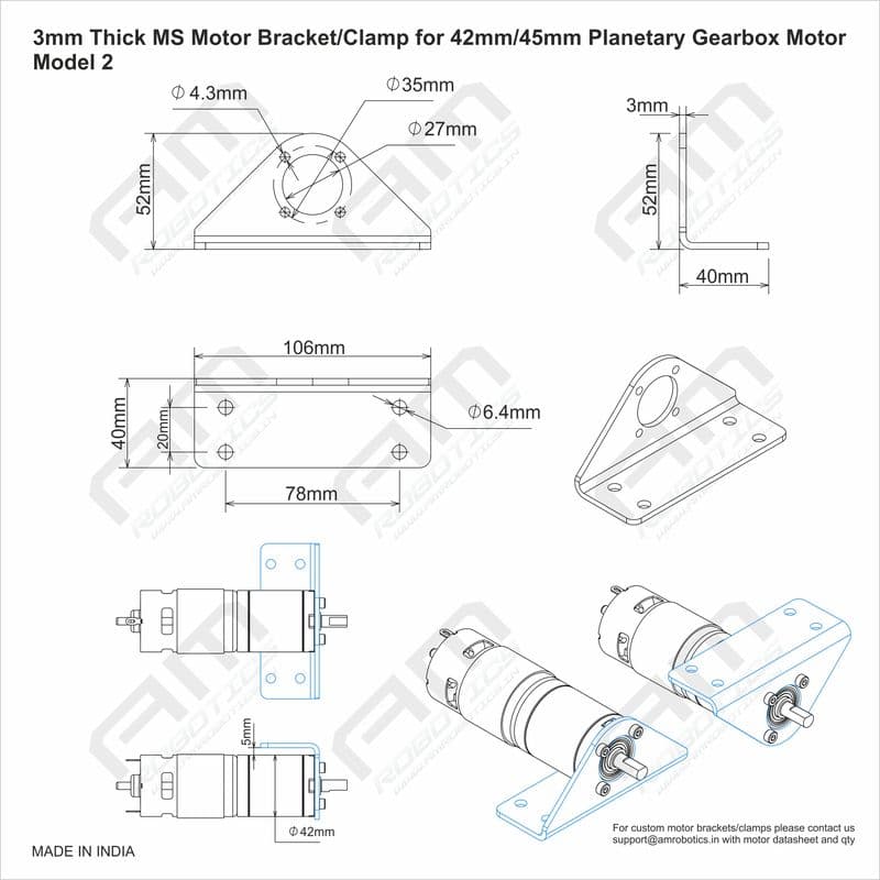 3mm Thick MS Motor Mounting Bracket/Clamp for NEMA17 Planetary Gearbox Motors - Model 2 (Matt Black) - View 3