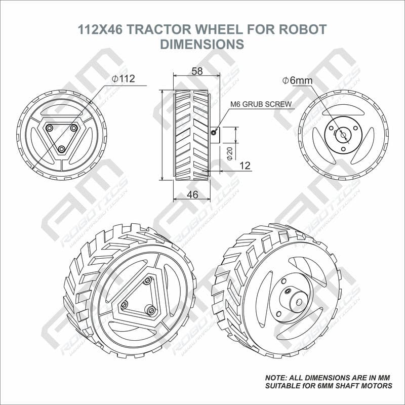 112x46 Tractor Grip Wheel for 6mm Shaft Motors - Robust Robotics Traction Black Color - View 3