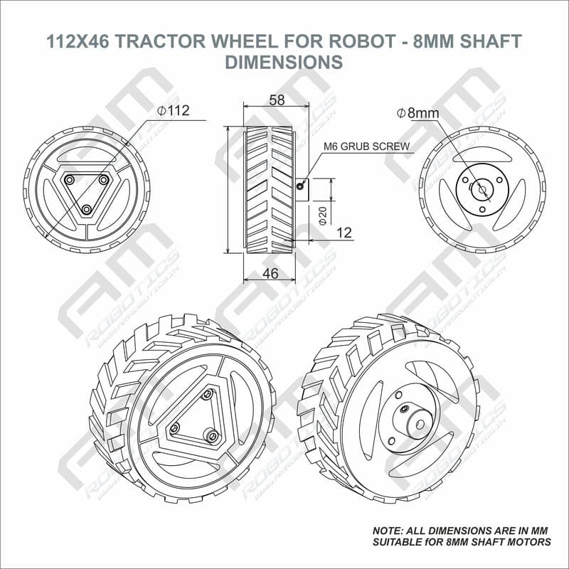 112x46 Tractor Grip Wheel for 8mm Shaft Motors - Robust Robotics Traction BLACK Color - View 3