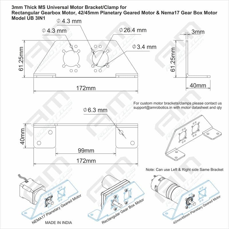3mm Thick MS Universal Motor Mounting Bracket/Clamp for 42mm/45mm Planetary Gear Box, NEMA17 Planetary Geared, Rectangular Gearbox Motor Matt Black - View 2