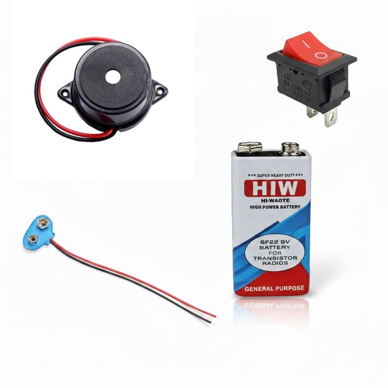 12vBuzzer, Rocker Switch Battery Clip and Battery Science Project Kit - View 1