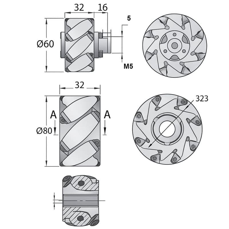 60mm Aluminium Mecanum Wheel Pair Left & Right 5mm Shaft Black/Silver - View 3