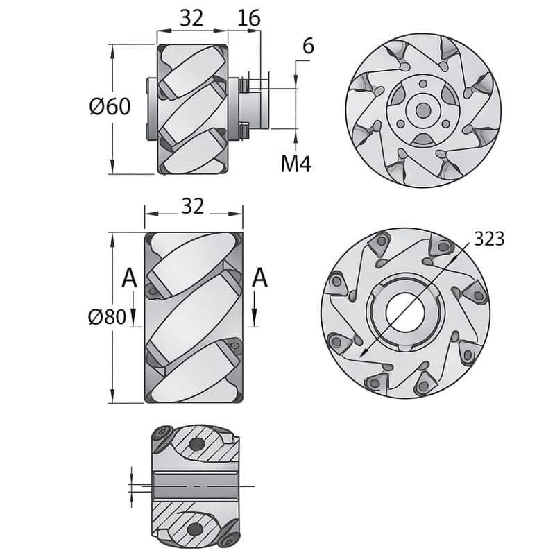60mm Aluminium Mecanum Wheel Pair Left & Right 6mm Shaft Black/Silver - View 3