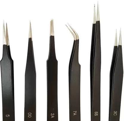 Generic: [Type 1] 6pc Black Epoxy Coated Stainless Steel Tweezer Set (00,3C,5,7A,MM,SS) - View 1