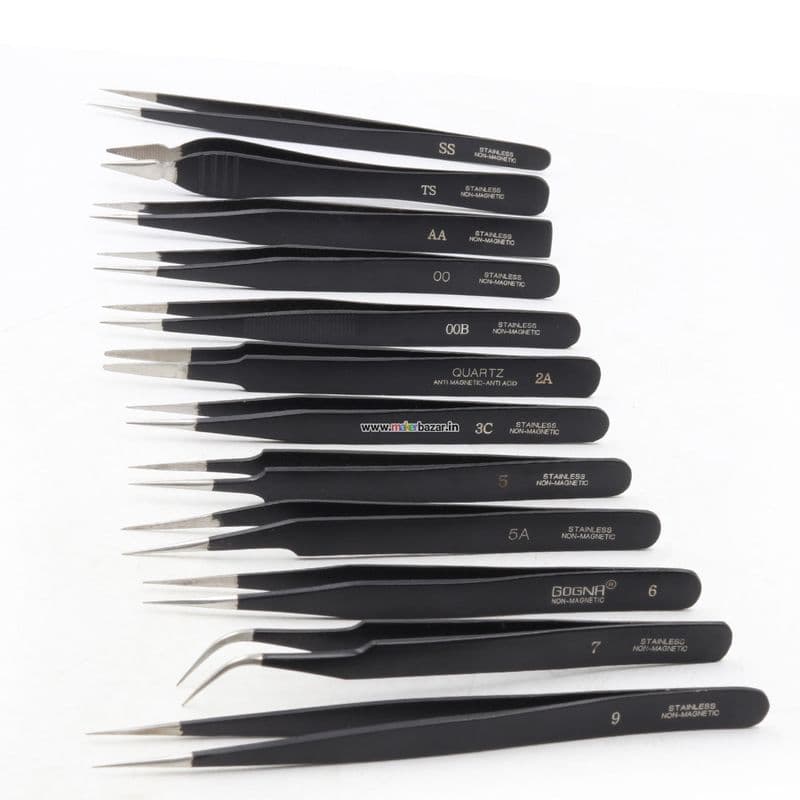 12pc Black Steel Tweezer Set (00,00B,2A,3C,5,5A,6,7,9,AA,SS,TS) - View 1