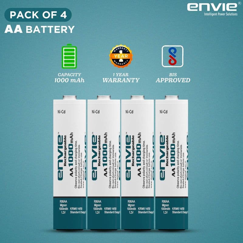 Envie: Rechargeable AA Batteries 1.2v NiCd 1000mah (Pack of 4) - View 3
