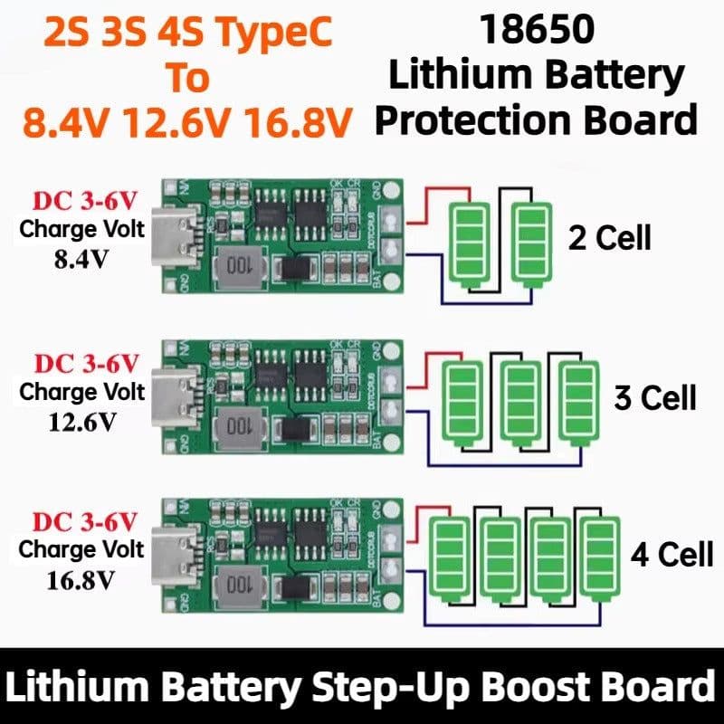 [Green] Type-C Multi-Cell 2S 3S 4S to 8.4V 12.6V 16.8V Step-Up Boost Lithium Battery Charger Module - View 1