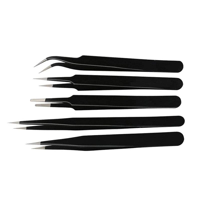 Hoki: Non-Magnetic Straight and Curved Tips Tweezers Set for Mobile/Gadget/Laptop and Jewelry Repair; Black - Set of 5 Pieces - View 1