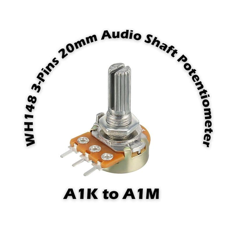 WH148 3pin 20mm Rotary Shaft Potentiometer, Audio Logarithm (A) Taper Pots - View 1