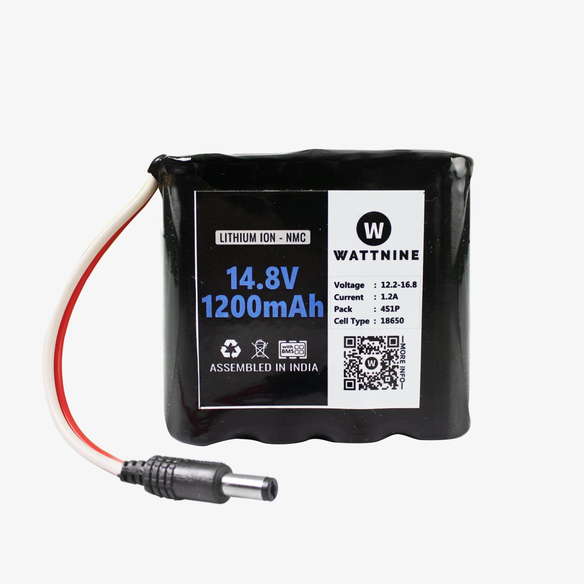 WATTNINE® 14.4V 1200mAh Rechargeable 4S Lithium Battery Pack with Protection (includes BMS & DC pin) - View 1