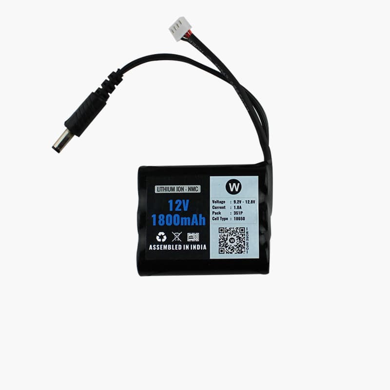 WATTNINE® 12V 1800mAh Rechargeable Lithium Battery Pack with Warranty (includes BMS & balance pin) for GPS, CCTV, Industrial and Commercial Application - View 1