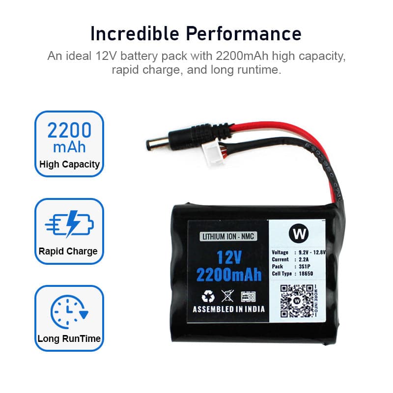 WATTNINE 12V 2200mAh Rechargeable Lithium Battery Pack with Warranty (includes BMS & balance pin) for GPS, CCTV, Industrial and Commercial Application - View 3