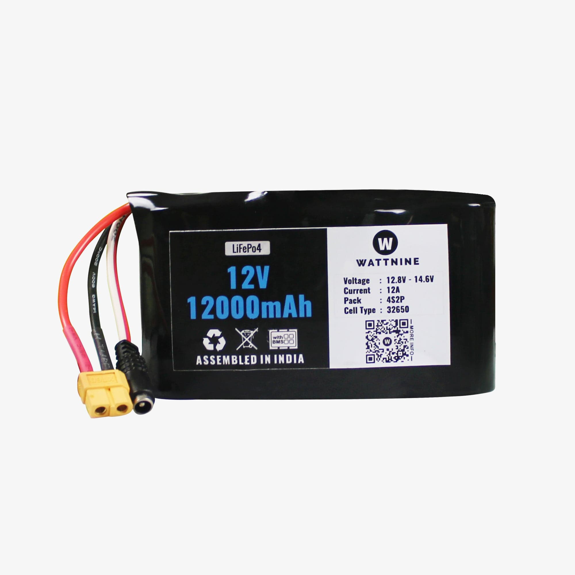 WATTNINE® 12.8V 12Ah Lithium Iron Phosphate (LiFePo4) Battery Pack with Warranty - View 1