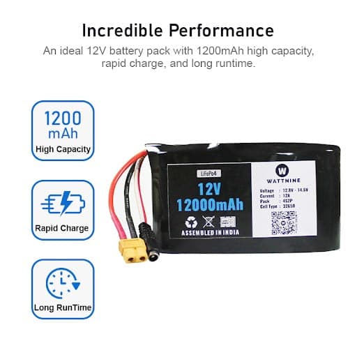WATTNINE® 12.8V 12Ah Lithium Iron Phosphate (LiFePo4) Battery Pack with Warranty - View 2