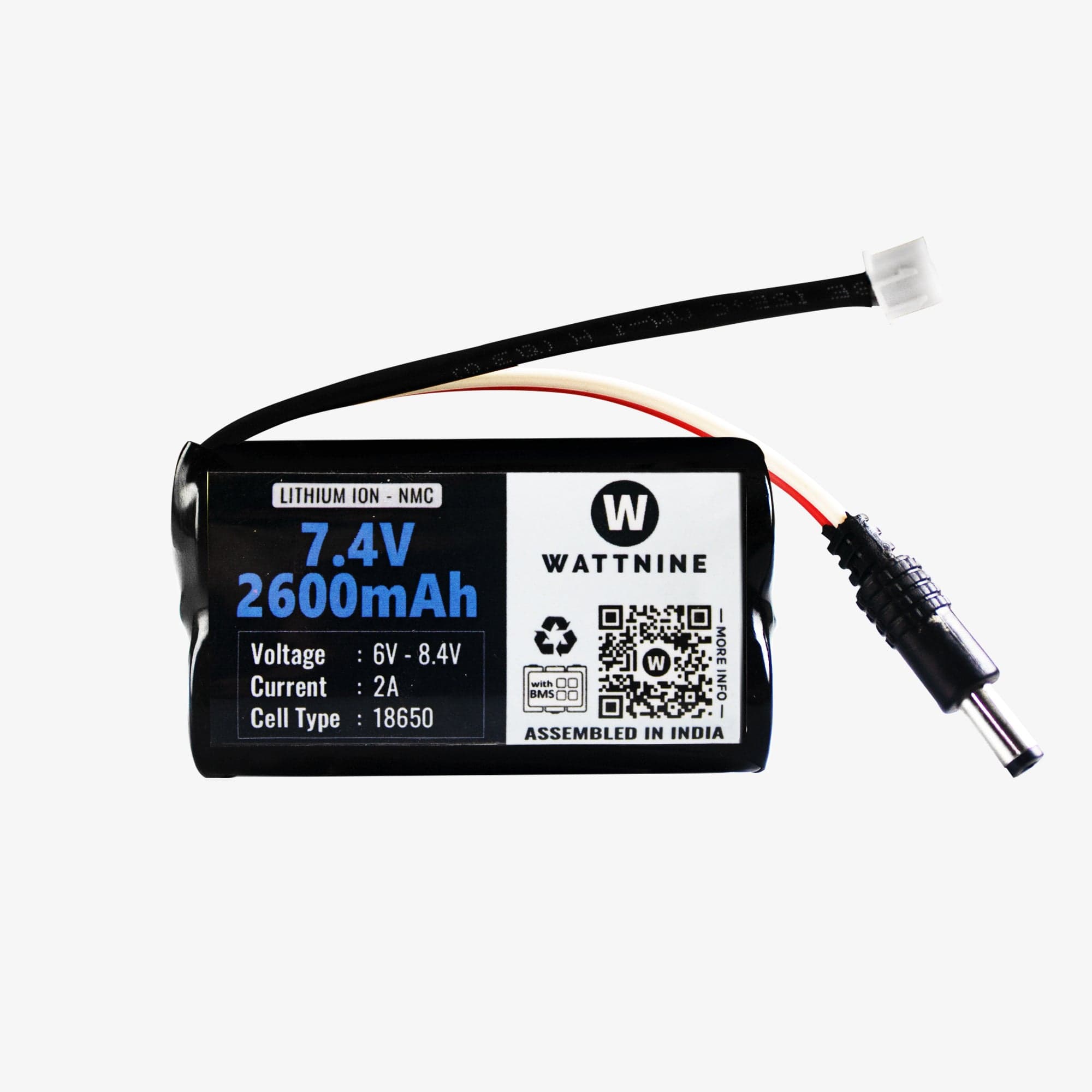 WATTNINE® 7.4V 2600mAh Rechargeable Lithium Battery Pack with Warranty (Includes BMS & Balance Pin) - 2S 1P - View 1