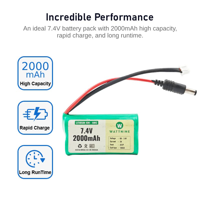 WATTNINE® 7.4V 2000mAh Rechargeable Lithium Battery Pack with Warranty for GPS, CCTV, Industrial and Commercial Application - View 2