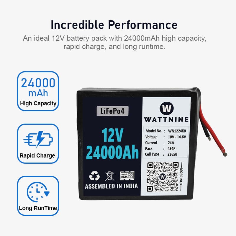 WATTNINE 12.8V 24Ah LiFePO4 Battery Pack with Warranty for GPS, CCTV, and Commercial Application - View 2