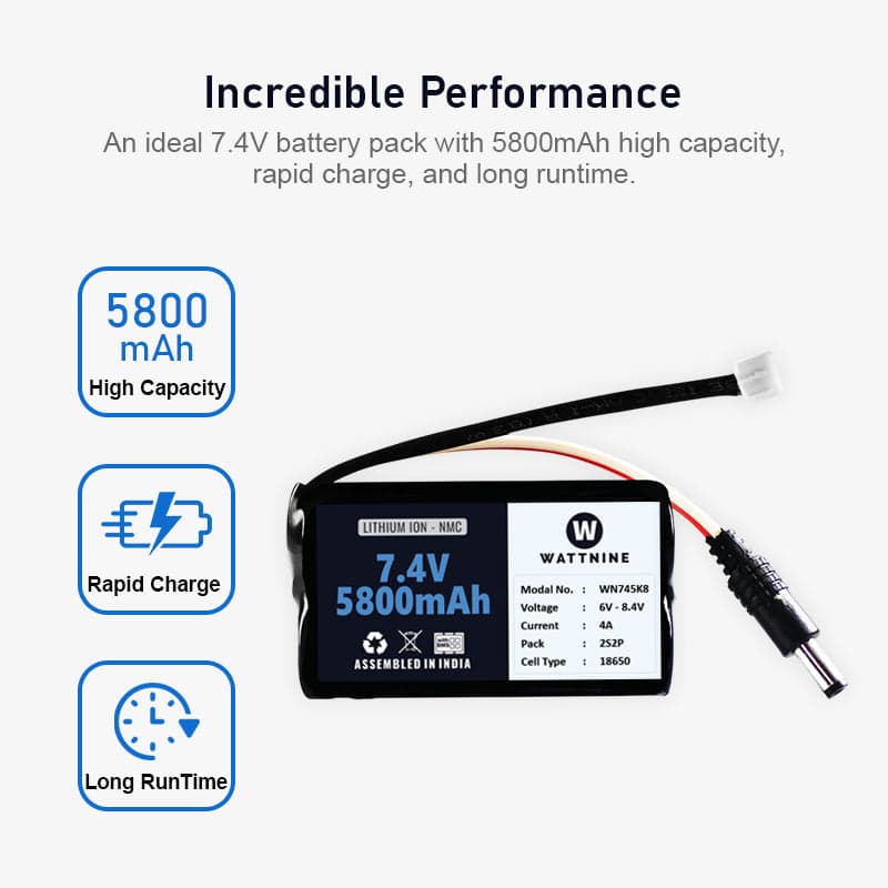 WATTNINE® 7.4V 5800mAh Rechargeable Lithium-ion NMC Battery Pack with Warranty for GPS, CCTV, and Commercial Application - View 2