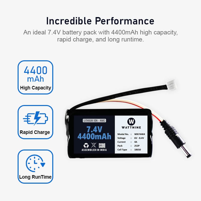 WATTNINE® 7.4V 4400mAh Rechargeable Lithium-ion NMC Battery Pack with Warranty for GPS, CCTV, and Commercial Application - View 3