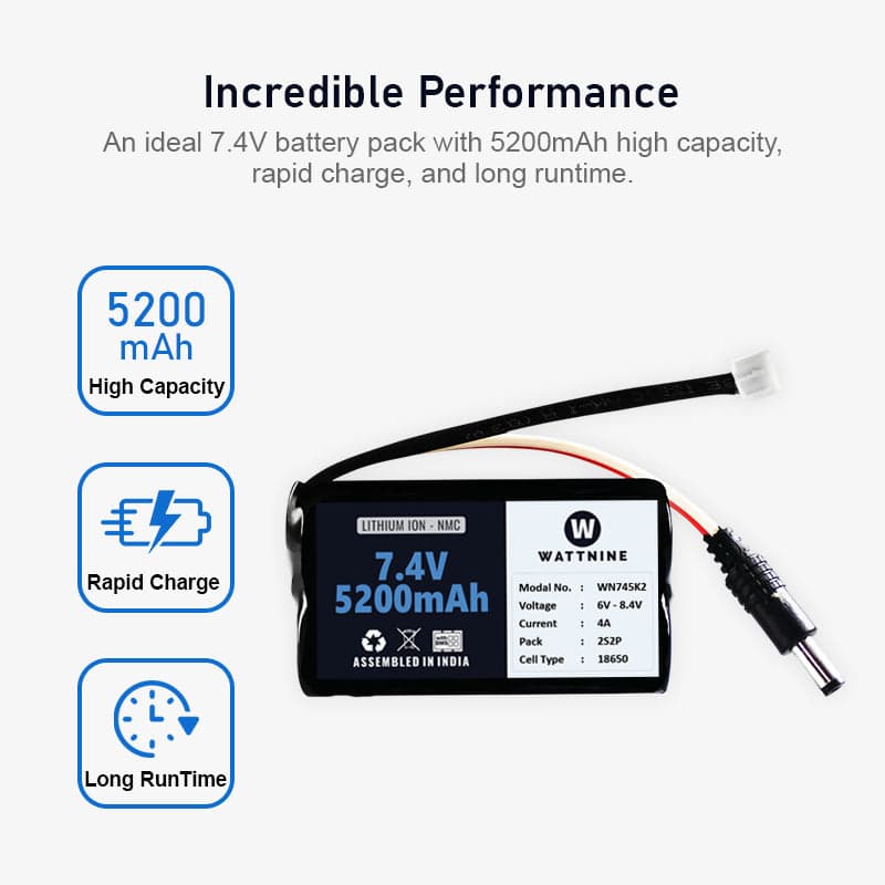 WATTNINE® 7.4V 5200mAh Rechargeable Lithium-ion NMC Battery Pack with Warranty for GPS, CCTV, and Commercial Application - View 2