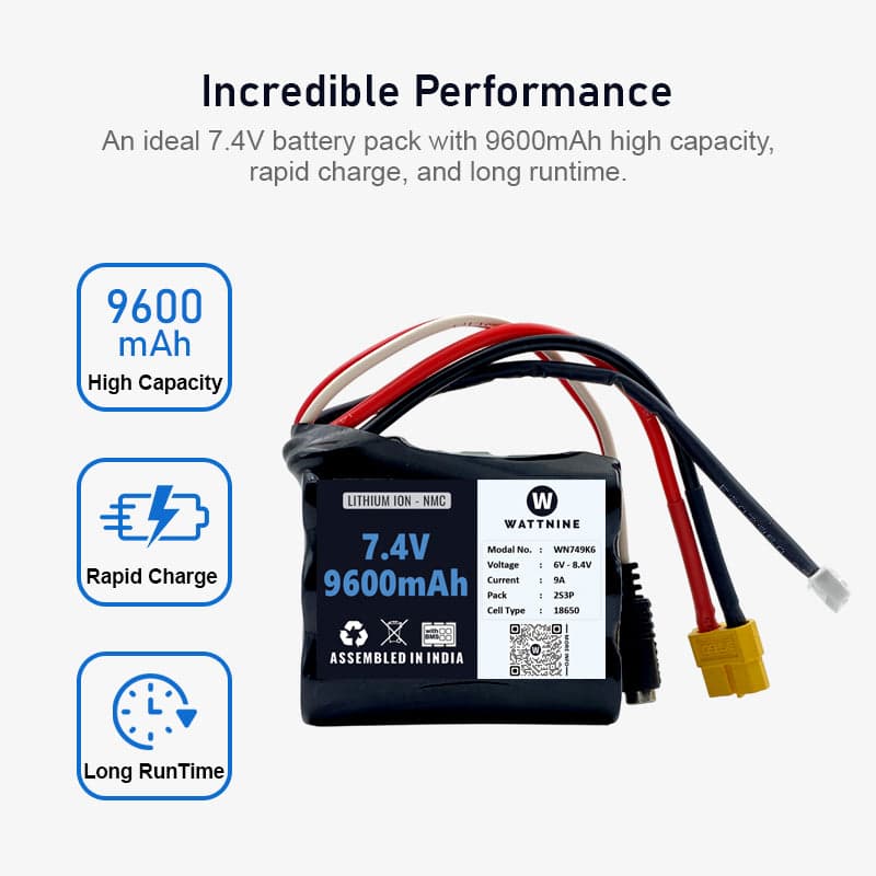 WATTNINE® 7.4V 9600mAh Rechargeable Lithium-ion NMC Battery Pack with Warranty for GPS, CCTV, and Commercial Application - View 2