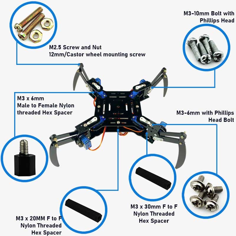 Quadruped Spider Robot DIY Kit with 4 Legs- Acrylic Parts, Nuts, Bolts and Spacers with Assembly Video - View 3