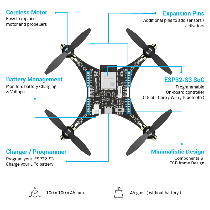 LiteWing - ESP32 based Programmable Drone Development Board with Battery for Makers, Developers and STEM Educators (Ready to Fly) - View 3