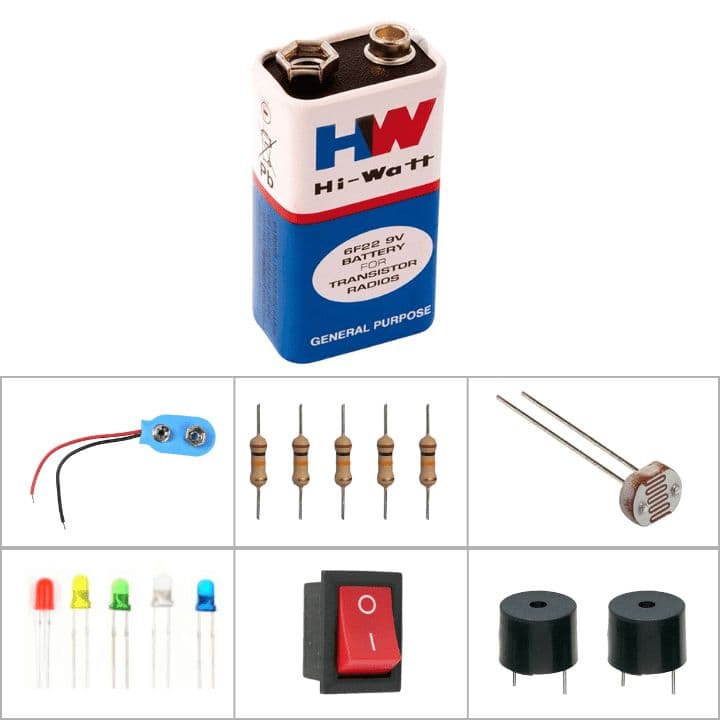 Hi-Watt 9V Battery With 5V Buzzer, Snap Connector, Switch, 1K Ohm Resistor, LDR Photoresistor sensor and 5mm LED - View 1