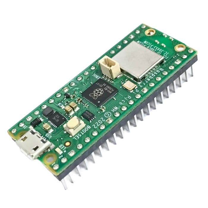 Raspberry Pi Pico W with Headers Soldered and USB Cable - View 1