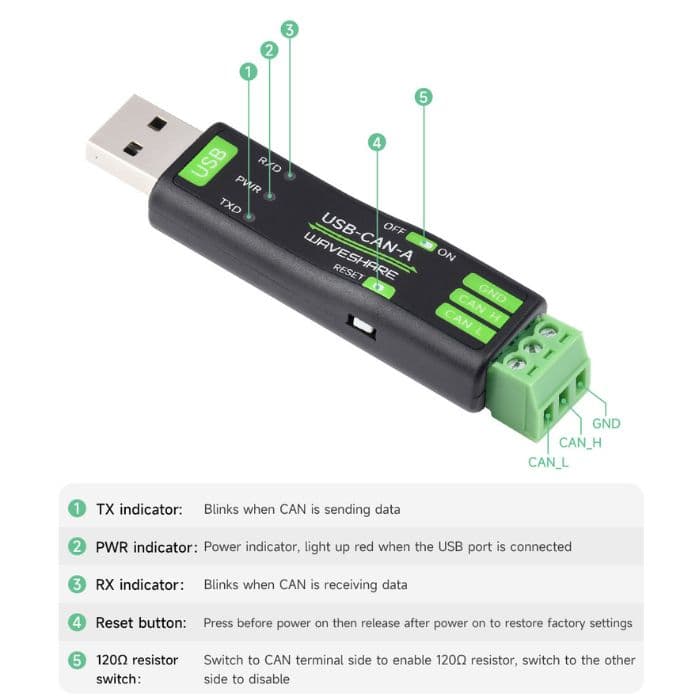 Waveshare USB to CAN-A Adapter with STM32 Chip Solution - View 3
