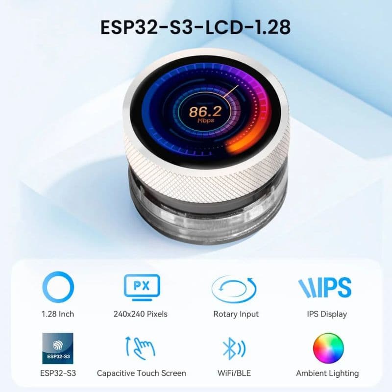 Elecrow CrowPanel 1.28 Inch ESP32 HMI Display with 240x240 IPS Round Touch Screen - View 3