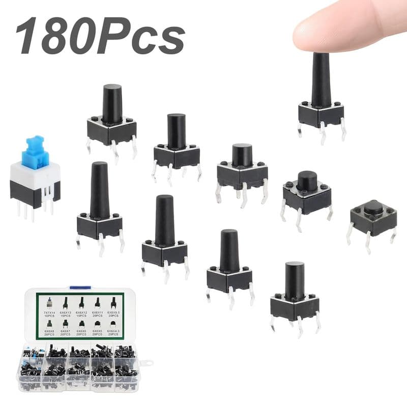 Tactile Push Button Switch Assortment Kit – 180PC 10 Value 6x6mm 4 Pin - View 2