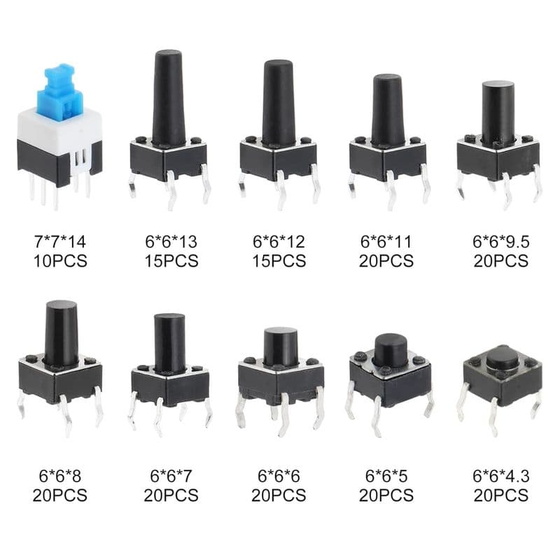 Tactile Push Button Switch Assortment Kit – 180PC 10 Value 6x6mm 4 Pin - View 3