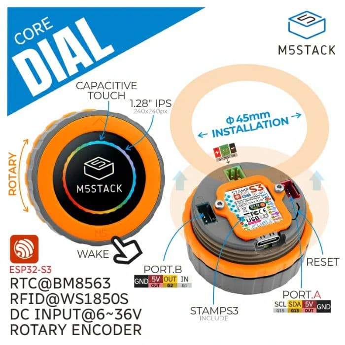 M5Stack Dial - ESP32-S3 Smart Rotary Knob with 1.28" Round Touch Screen - View 2