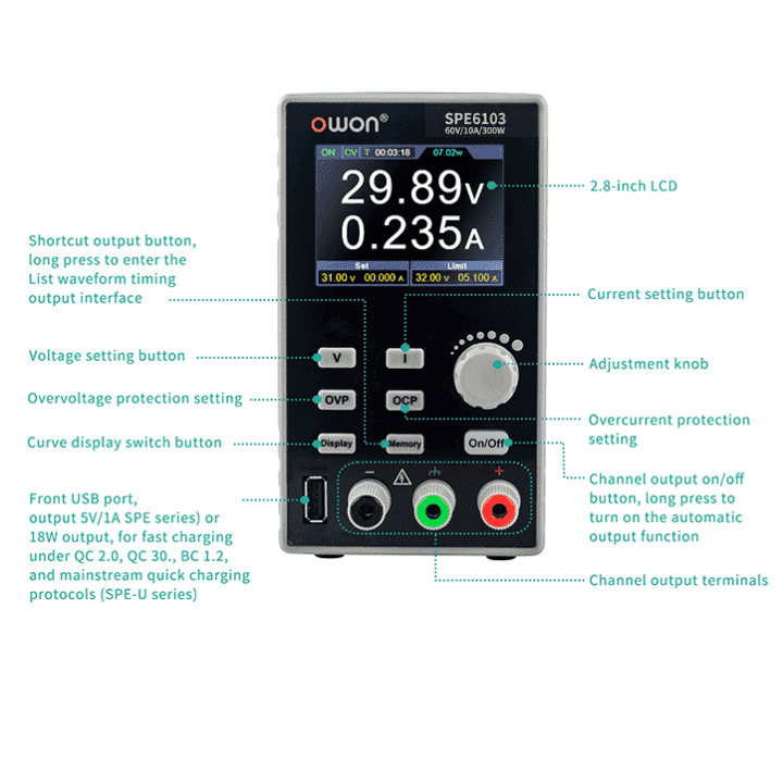 OWON SPE6103 60V 10A Programmable Lab DC Power Supply - View 2