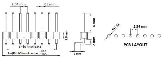 2.54mm Male Berg Strip 40X1 Pin Break-Away Right Angle Header - View 3