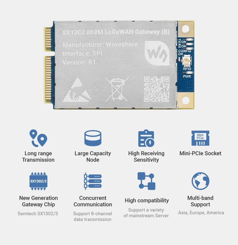 SX1302 868M LoRaWAN Gateway HAT for Raspberry Pi, Standard Mini-PCIe Socket, Long range Transmission - View 1