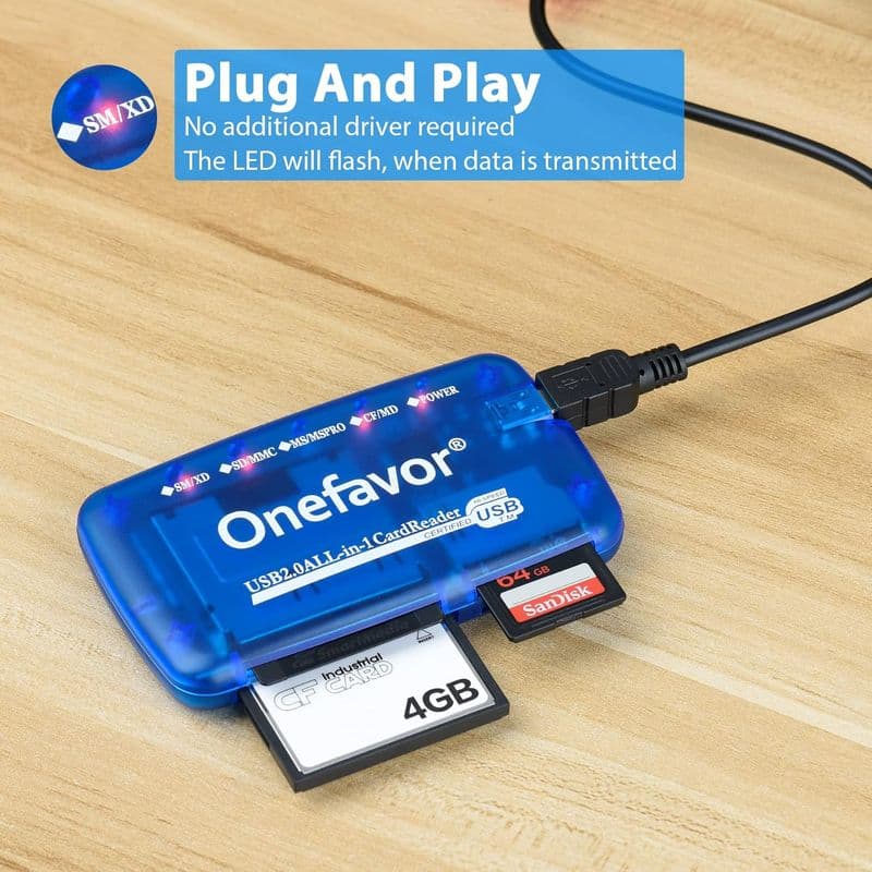 Onefavor SmartMedia Cards Reader Writer, All-in-1 USB Universal Multi Card Adapter Slim Hub Read Smart Media SD, XD, CF, MMC, MS Pro Duo, Camera Flash Memory Cards Reader for Windows, Mac, Linux - View 3