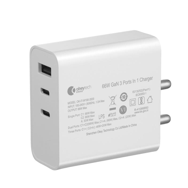 Okey-Tech 66W PD3.0 GaN 3 Ports in 1 Power Adaptor (BIS) - View 1