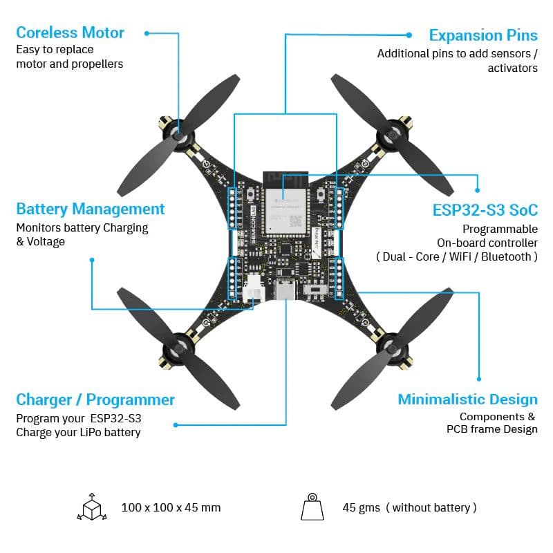 LiteWing – ESP32 Programmable Drone Development Board with Battery (Ready to Fly) - View 2