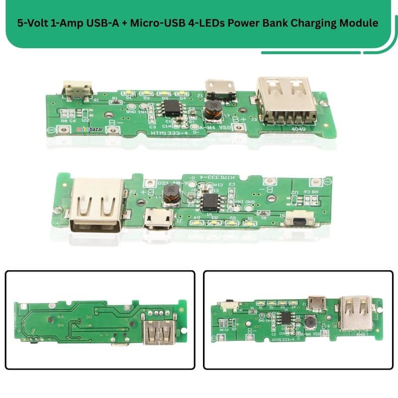 5-Volt 1-Amp USB-A + Micro-USB 4-LEDs Power Bank Charging Module - View 1