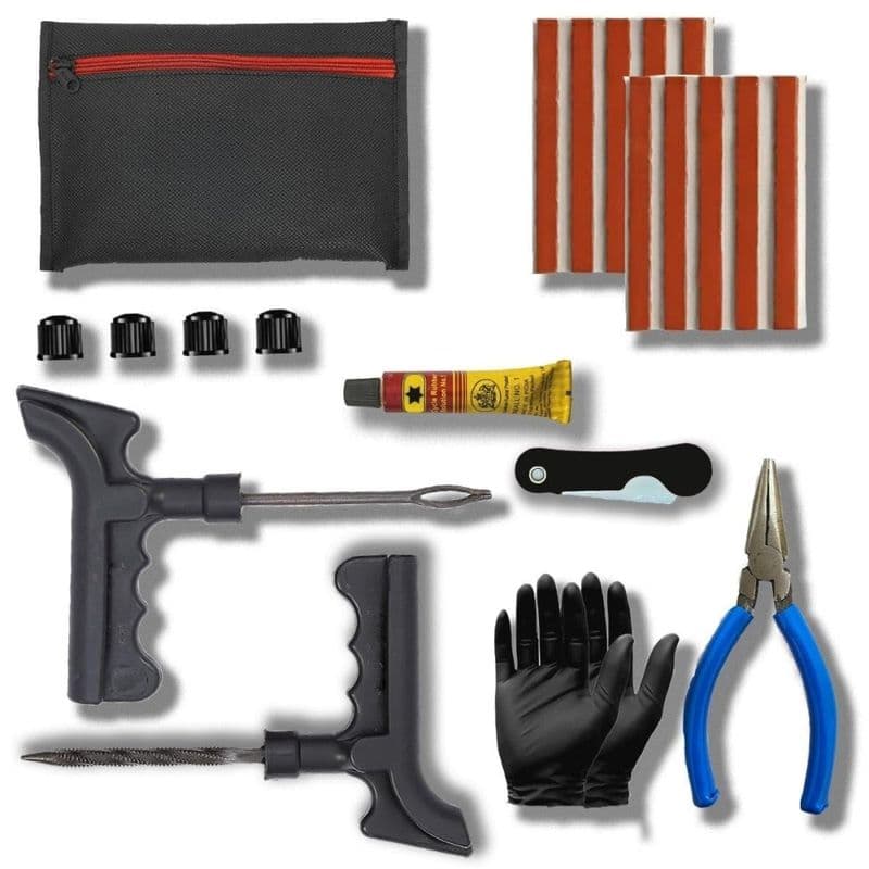 8 in 1 Tubeless Tyre Puncture Kit with Probe, Reamer, Knife,10 Rubber Strips, Valve Cap,Gloves, Plier, Storage Bag for Cars, Bike - View 1