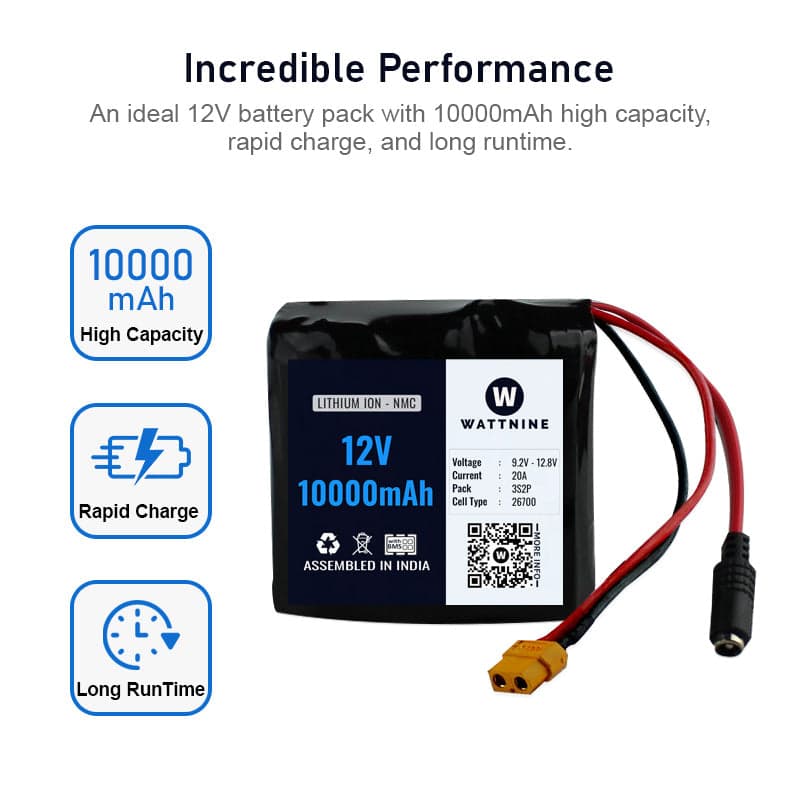 WATTNINE® 12V 10Ah Rechargeable Lithium Ion (NMC) Battery Pack with 3 year warranty for Agricultural, Industrial and Commercial Applications - View 3