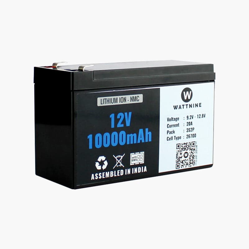 WATTNINE® 12V 10Ah Rechargeable Lithium Ion (NMC) Battery Pack with Warranty and Box for Agricultural, Industrial and Commercial Applications - View 1