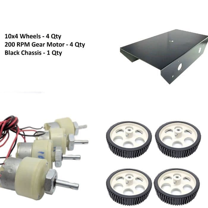 200 RPM GEAR MOTOR+ 10X2 cm WHEEL + 6-7 INCH BLACK METAL CHASSIS - View 1