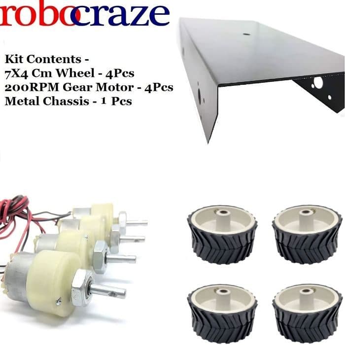 200 RPM GEAR MOTOR + 7X4cm WHEEL + 6-7 INCH BLACK METAL CHASSIS - View 1