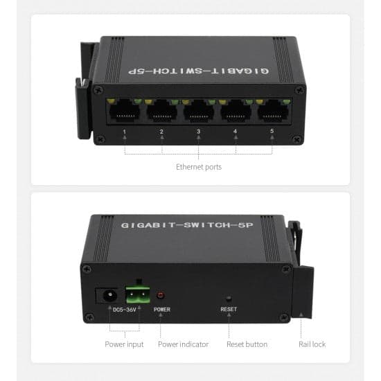 Industrial 5P Gigabit Ethernet Switch, Full-Duplex 10/100/1000M, DIN Rail Mount (With Power Supply) - View 3